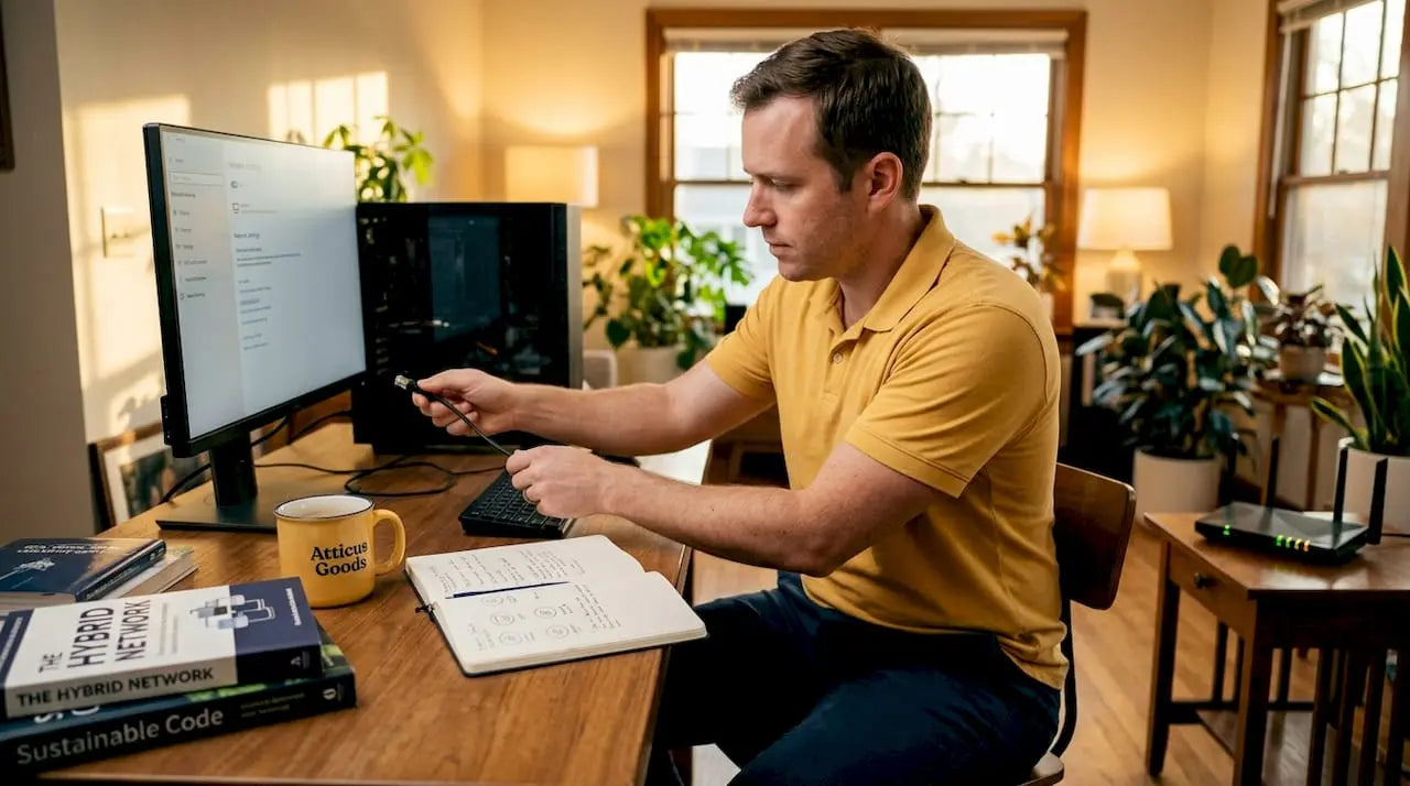 Man connecting Ethernet cable in home office