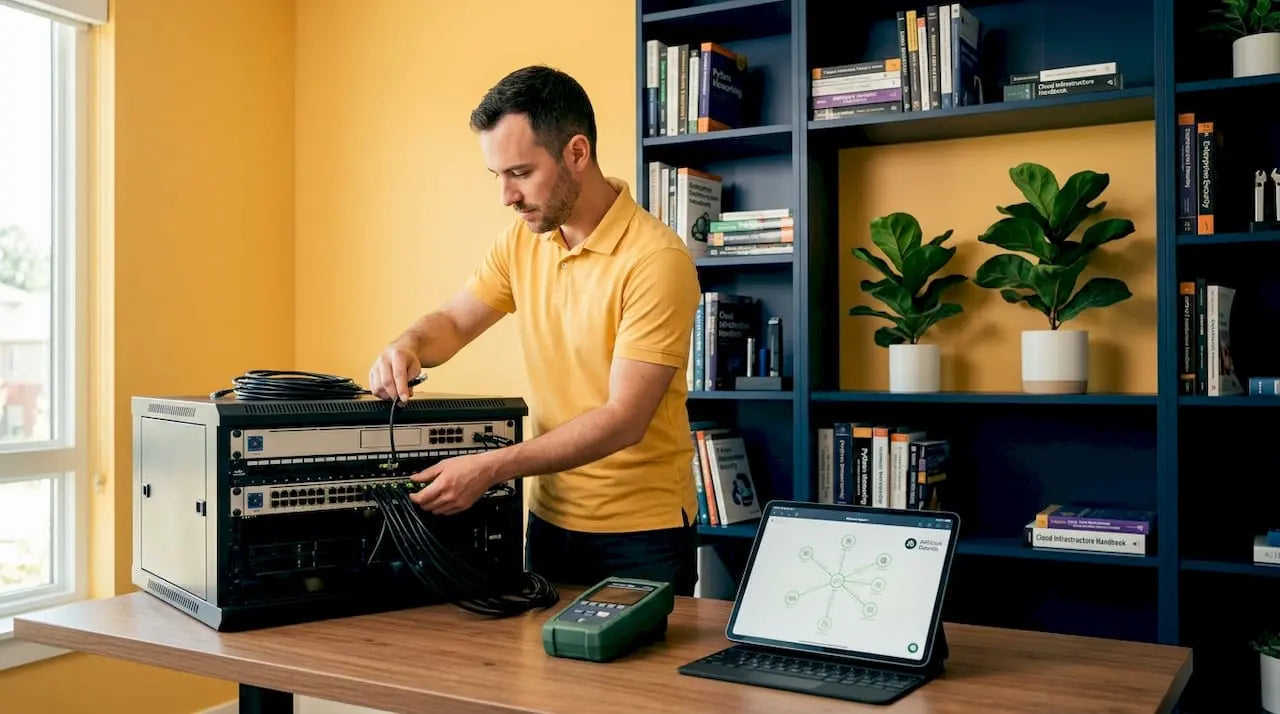 IT professional configuring PoE switch in server rack