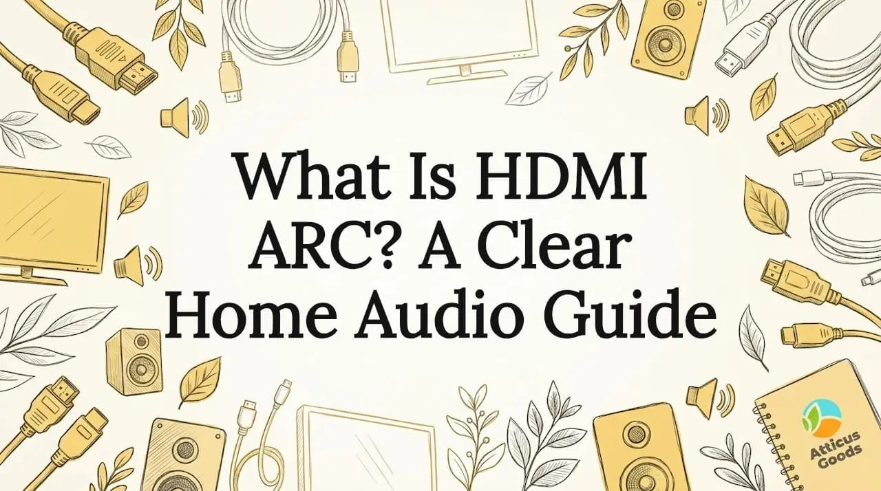 Decorative title card illustration of HDMI and audio components