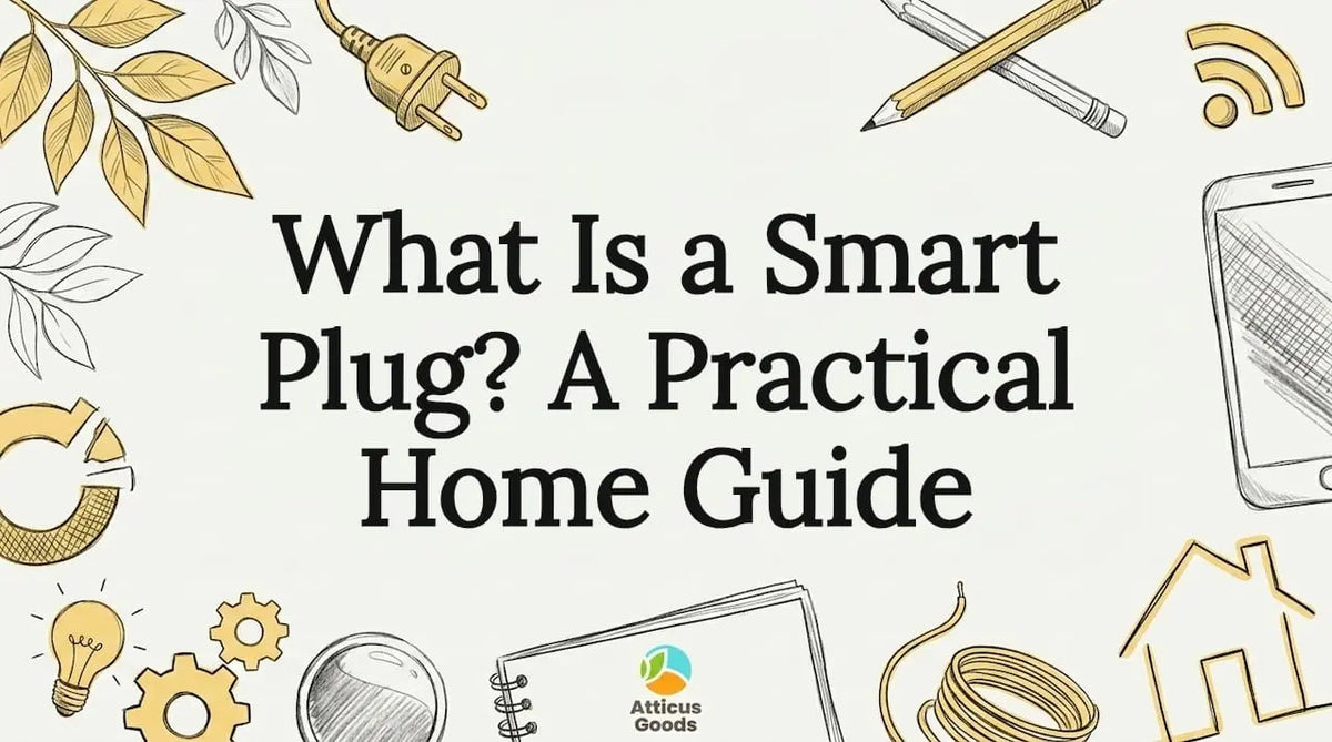 Decorative title card illustration with smart plug themed sketches