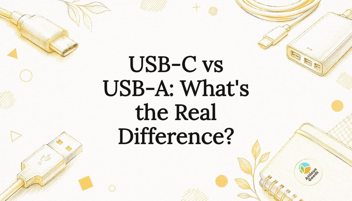 Decorative title card illustration with USB-C and USB-A sketches