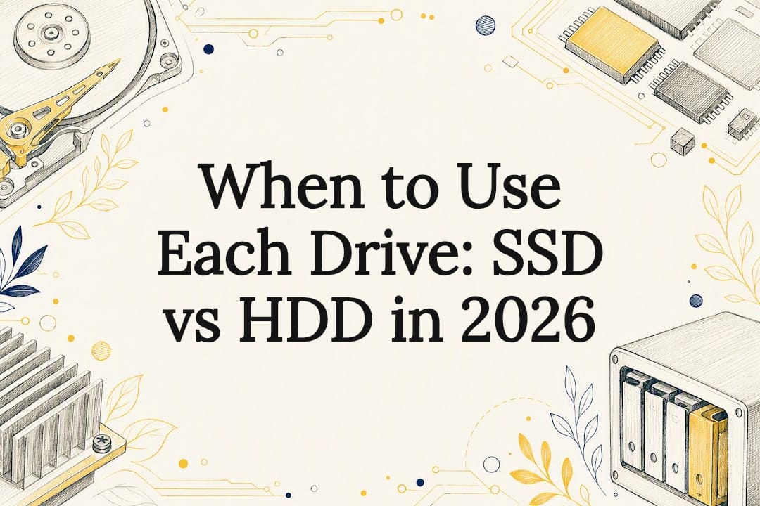 Decorative SSD and HDD title card illustration