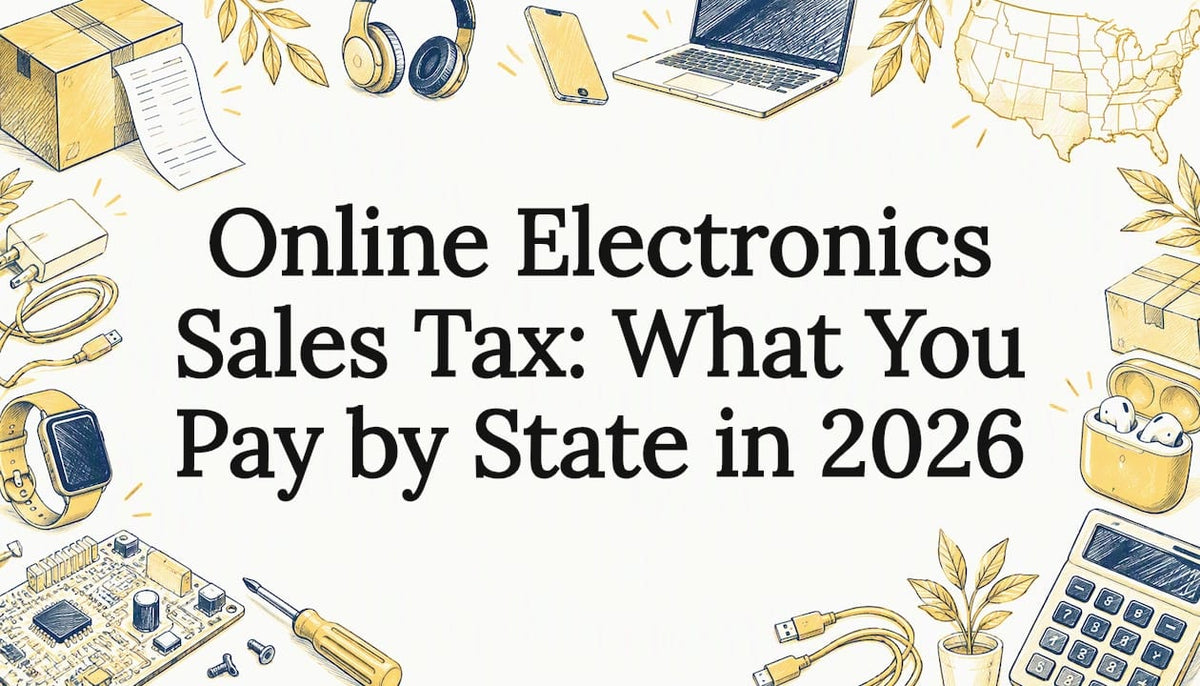Hand-drawn tax and electronics title-card artwork
