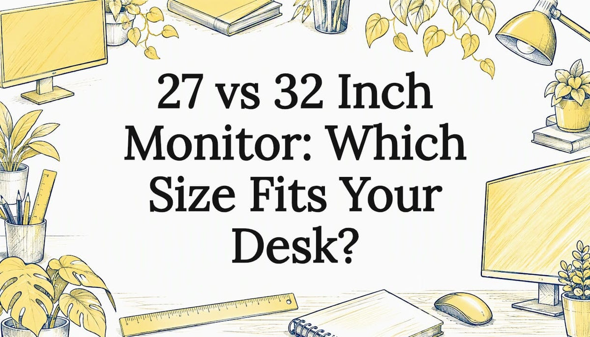 Sketches of two monitor sizes frame the title