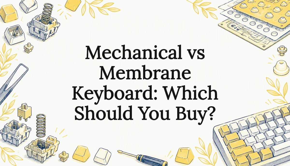 Keyboard mechanism sketches framing the title