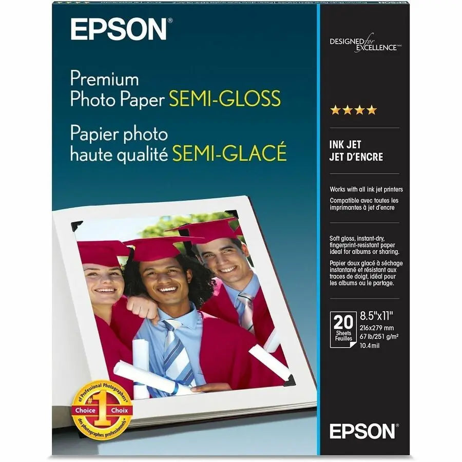 Epson Premium Semi-Gloss Photo Paper 8.5 x 11 inches, 20 Sheets - Vibrant Color Reproduction and Durable Finish