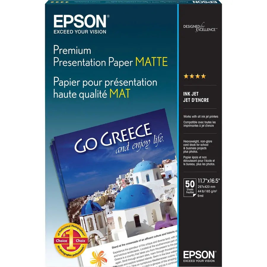 Epson Premium Matte Inkjet Presentation Paper 50 Pack - Bright White, Heavyweight, Nonglare Finish for Photos and Signage