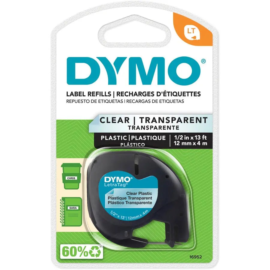 Dymo Letra Tag Labelmaker Tapes - Clear Plastic Tape with Black Print, 1/2 inch x 13 feet, Model 16952