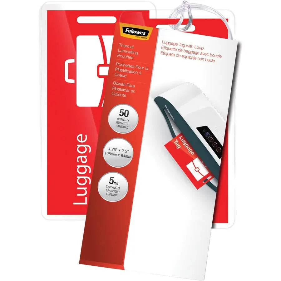 Fellowes Luggage Tag Glossy Laminating Pouches - Clear, 5 Mil Thickness, Pack of 50
