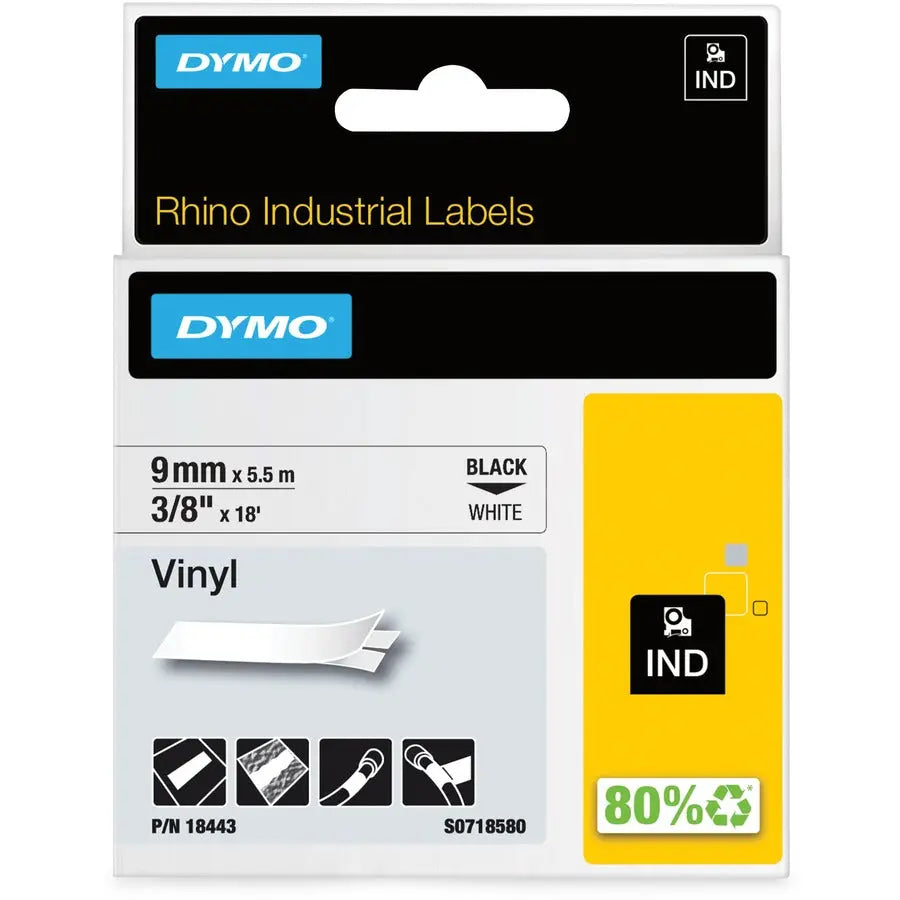 Dymo RhinoPRO Industrial Vinyl Labels - Black on White, 18 ft Long, Outdoor Durable