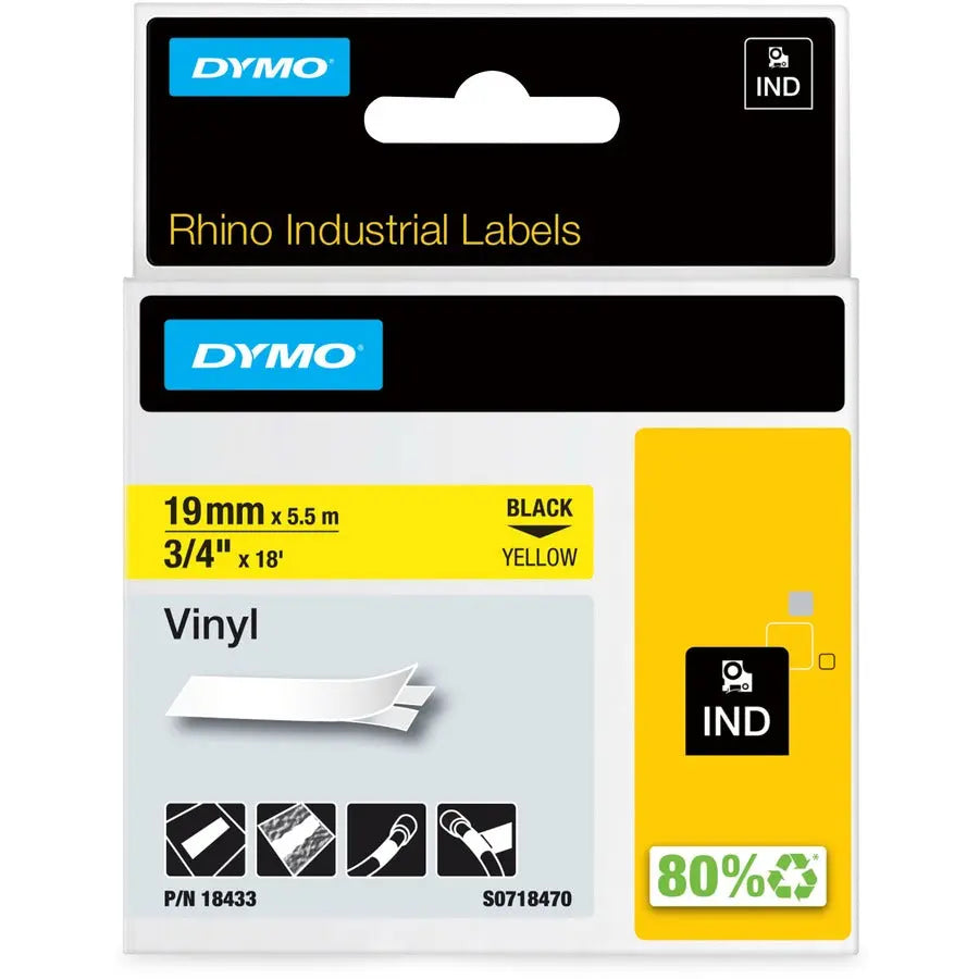Dymo Colored Industrial Rhino Vinyl Labels - Yellow, 3/4 inch for Safety and General Labeling