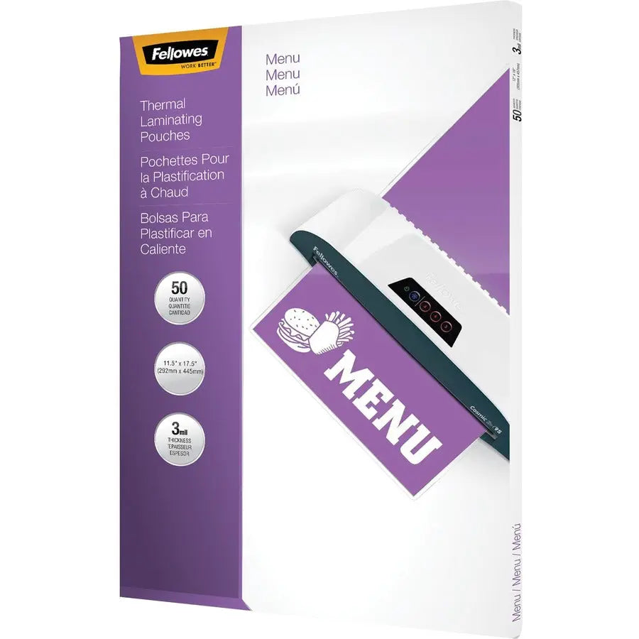 Fellowes Inc. 3mil Laminating Menu Pouches – 11-1/2 x 17-1/2 Inches, Clear, 25 Pack