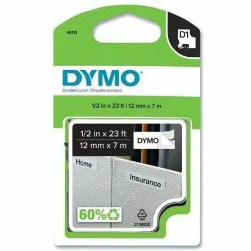 Dymo D1 Label Cartridge for LabelMaker and LabelWriter Duo – 1/2" x 23' Black on White Polyester Tape