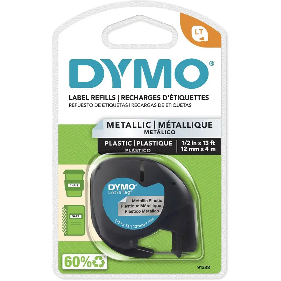 Dymo LetraTag Label Maker Tape Cartridge – Silver, 1/2 Inch Wide x 13 Feet Long, Easy-Peel Split-Back Design