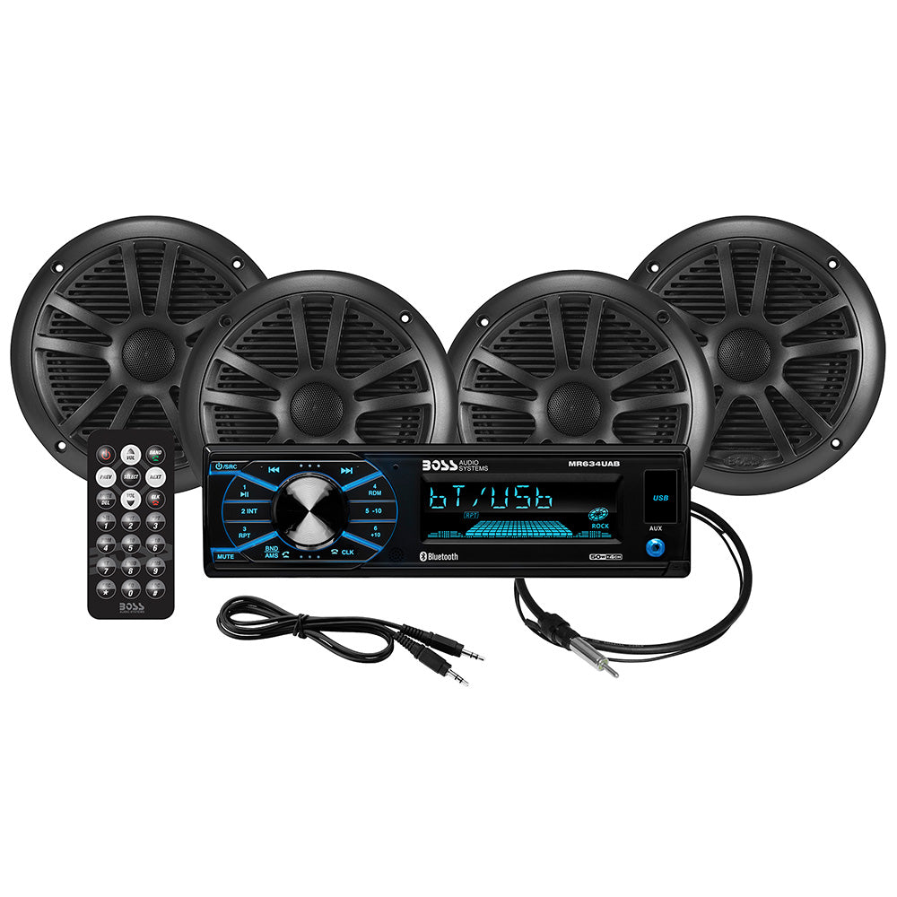 Boss Audio MCBK634B.64 Marine Audio Kit with MR634UAB Radio, 4 MR6B Speakers, and MRANT10 Antenna