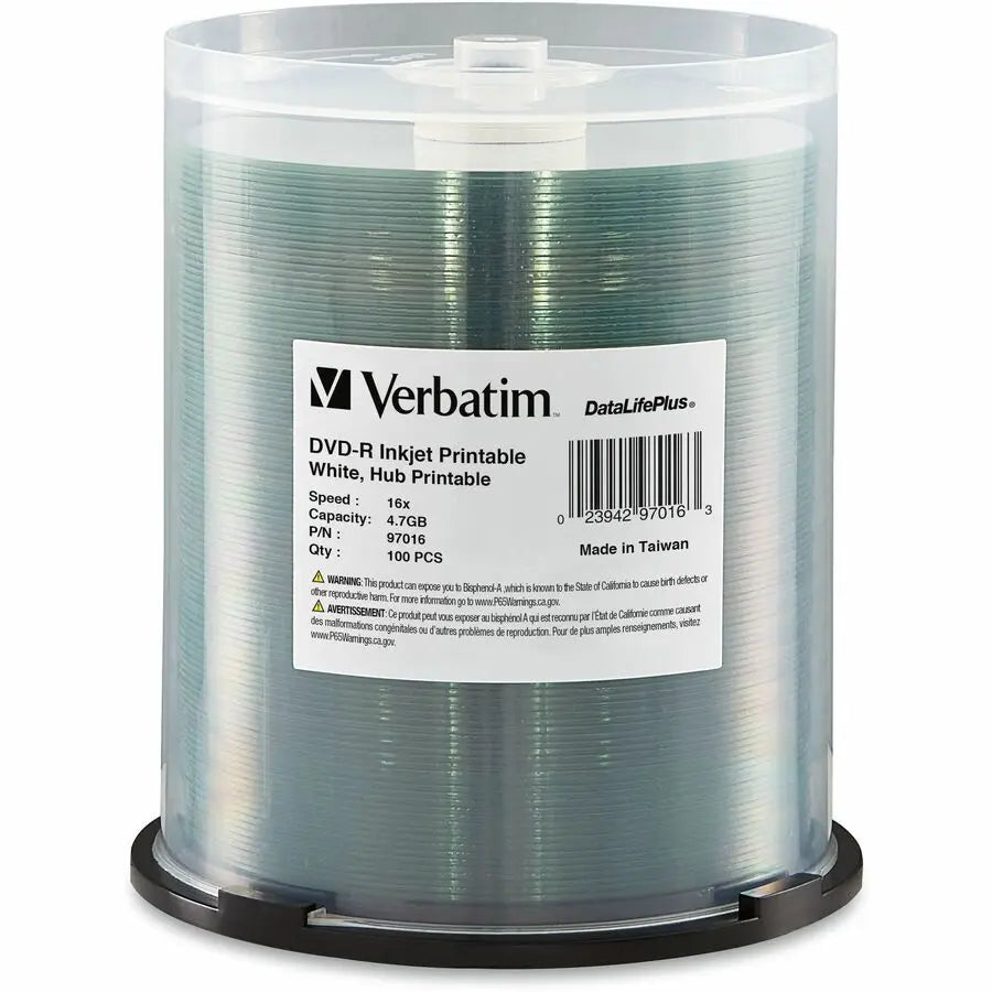 Verbatim DataLifePlus White Hub Inkjet Printable DVD-R 16X - 4.7 GB Storage - Pack of 100