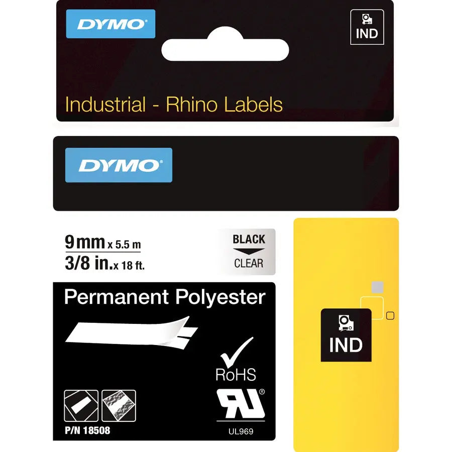 Dymo Label Tape Part Number 18508DMO – Durable Polyester Label Tape with Permanent Adhesion and Stylish Black Finish