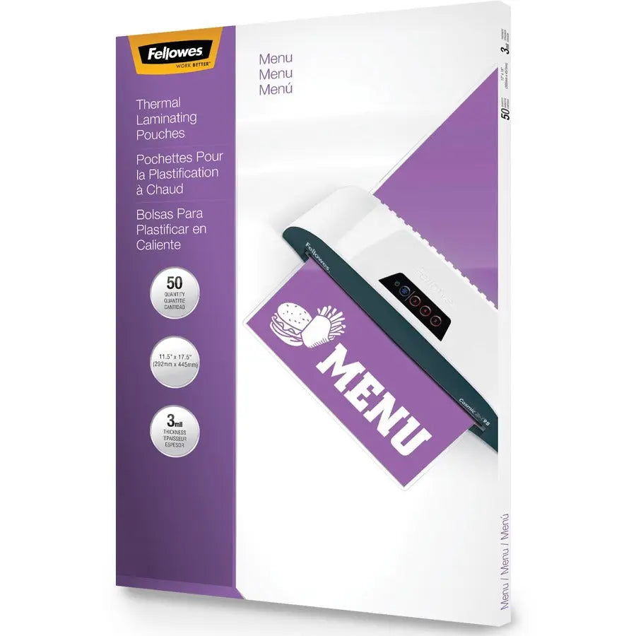 Fellowes Glossy Pouches - Menu, 3 mil, 50 Pack – Premium Laminating Pouches for Clear, Durable Document Protection