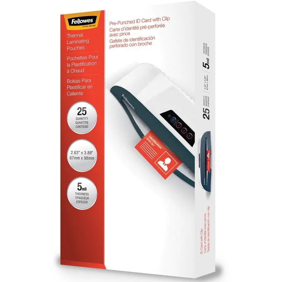 Fellowes Punched ID Card/Clip Glossy Laminating Pouches - Clear, 5 Mil Thickness, Pack of 25