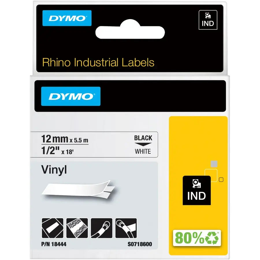 Dymo Rhino Industrial Vinyl Labels – Black on White, 1/2 inch Wide by 18 Feet Long, Outdoor Durable Safety and Warning Labels