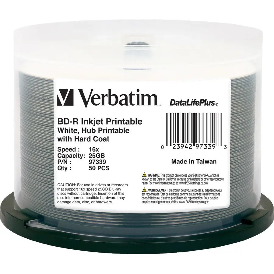 Verbatim BD-R 25GB 16X White Inkjet Printable Blu-Ray Discs - 50 Pack Spindle