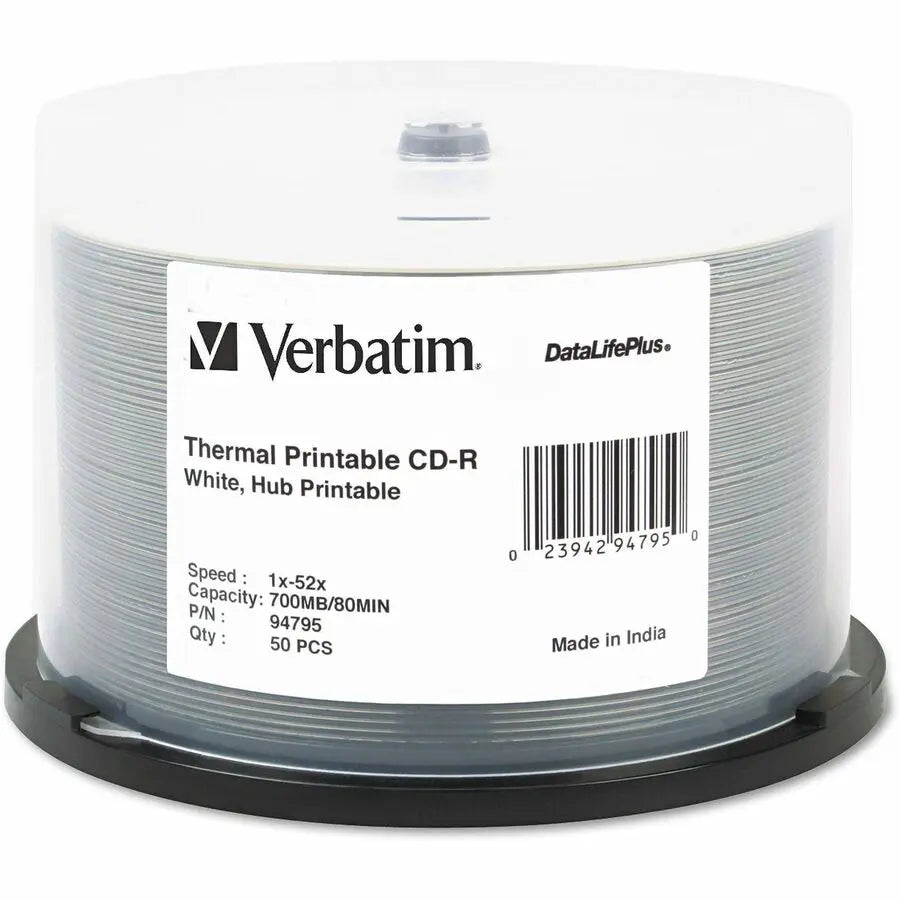 Verbatim DataLifePlus 52X White Inkjet Hub Printable CD-R Discs - 50 Pack Spindle