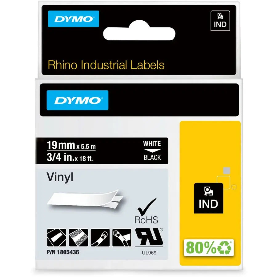 Dymo Colored 3/4 inch Vinyl Label Tape - White with Industrial Strength Adhesive