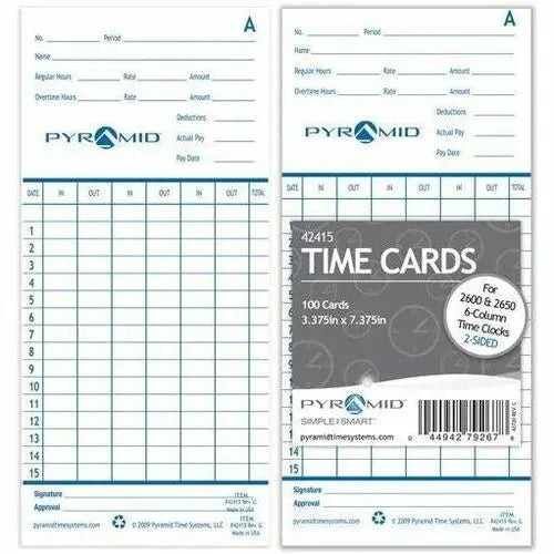 Pyramid Time Systems 42415 Pyramid Time Cards - 100 Pack for 2600 & 2650 Time Clocks