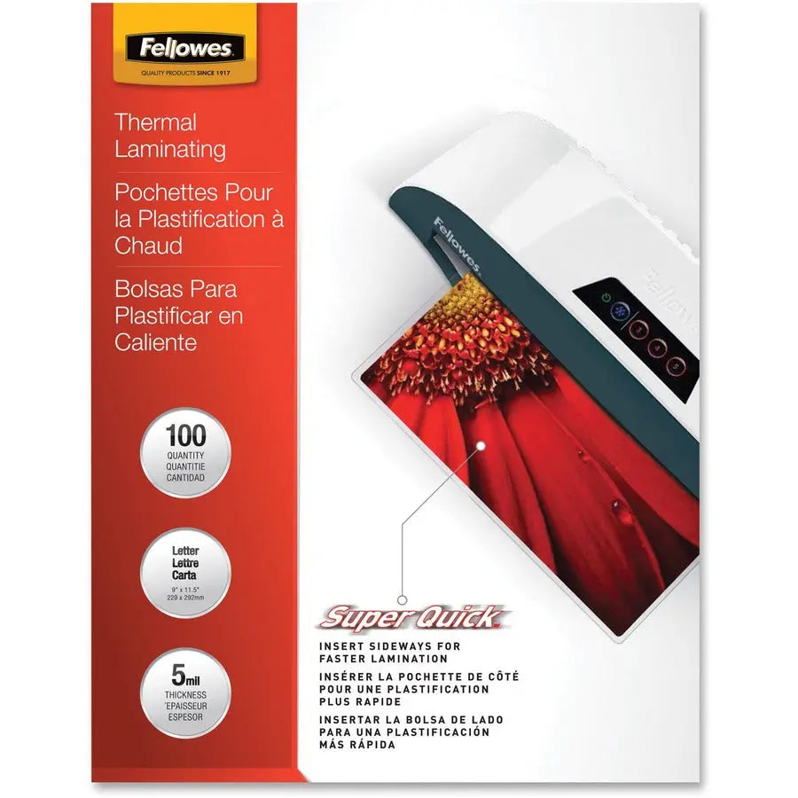 Fellowes Glossy SuperQuick Laminating Pouches - Letter Size, 5 Mil, 100 Pack
