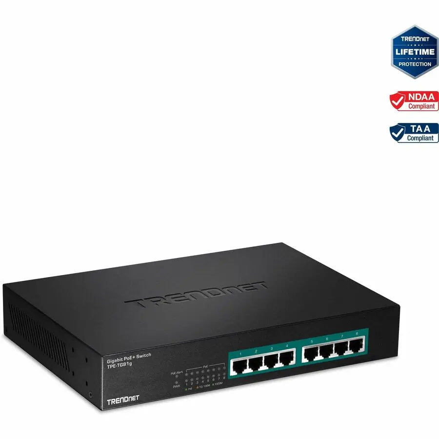 TRENDnet TPE-TG81g 8-Port Gigabit GREENnet PoE+ Switch - Rack Mountable, Silent Operation, 30W Per Port