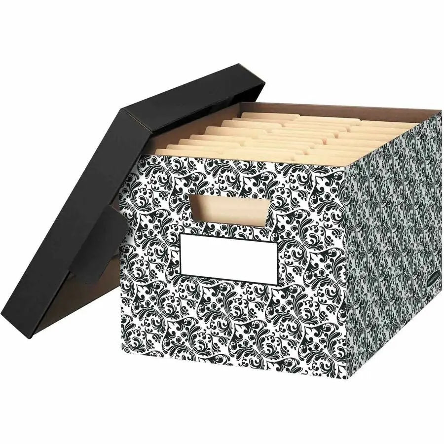 Fellowes Bankers Box 4-Pack Brocade Design Medium-Duty File Storage Boxes with Lids, FastFold Assembly, Letter & Legal Size