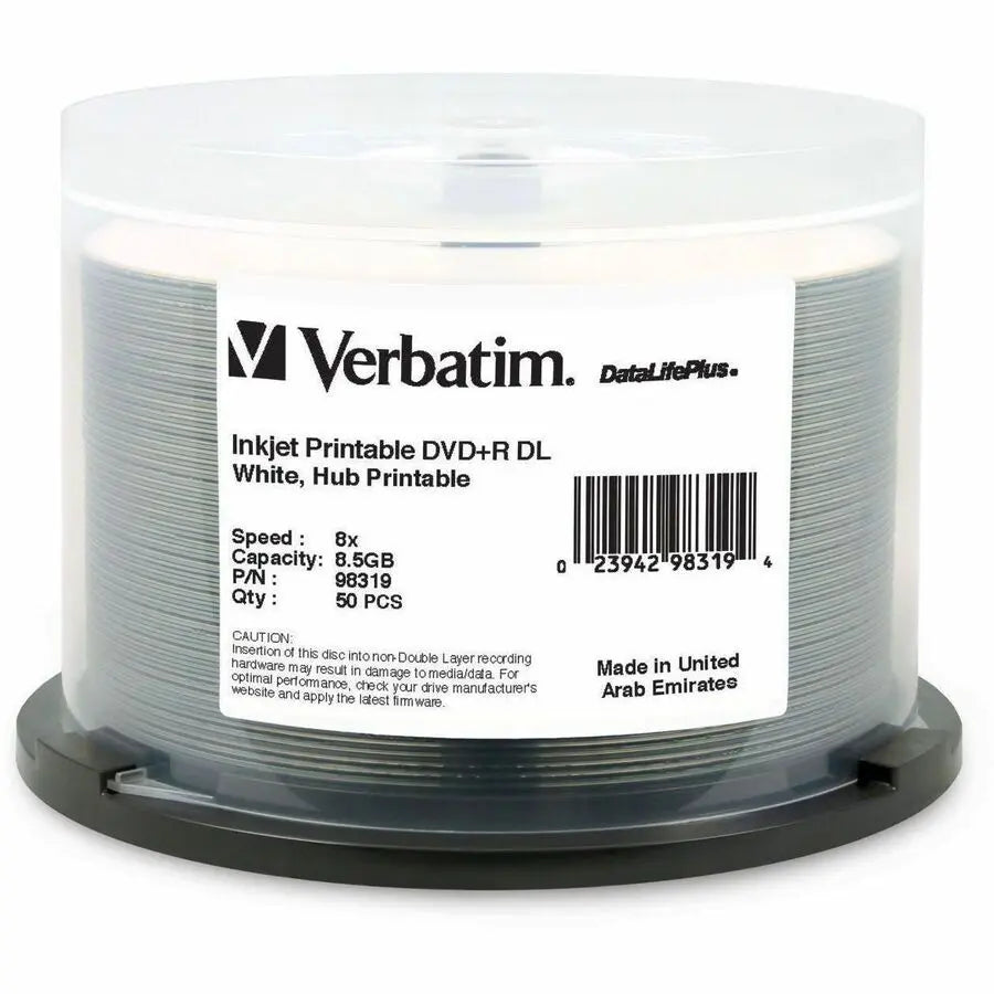 Verbatim DataLifePlus 8.5GB 8X DVD+R Double Layer Spindle - White Inkjet Printable Discs