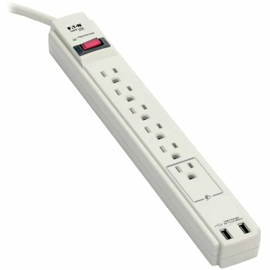 Eaton Tripp Lite Series Protect It! 6-Outlet Surge Protector, 6 ft. (1.83 m) Cord, 990 Joules, 2 x USB Charging ports (2.1A), Gray Housing