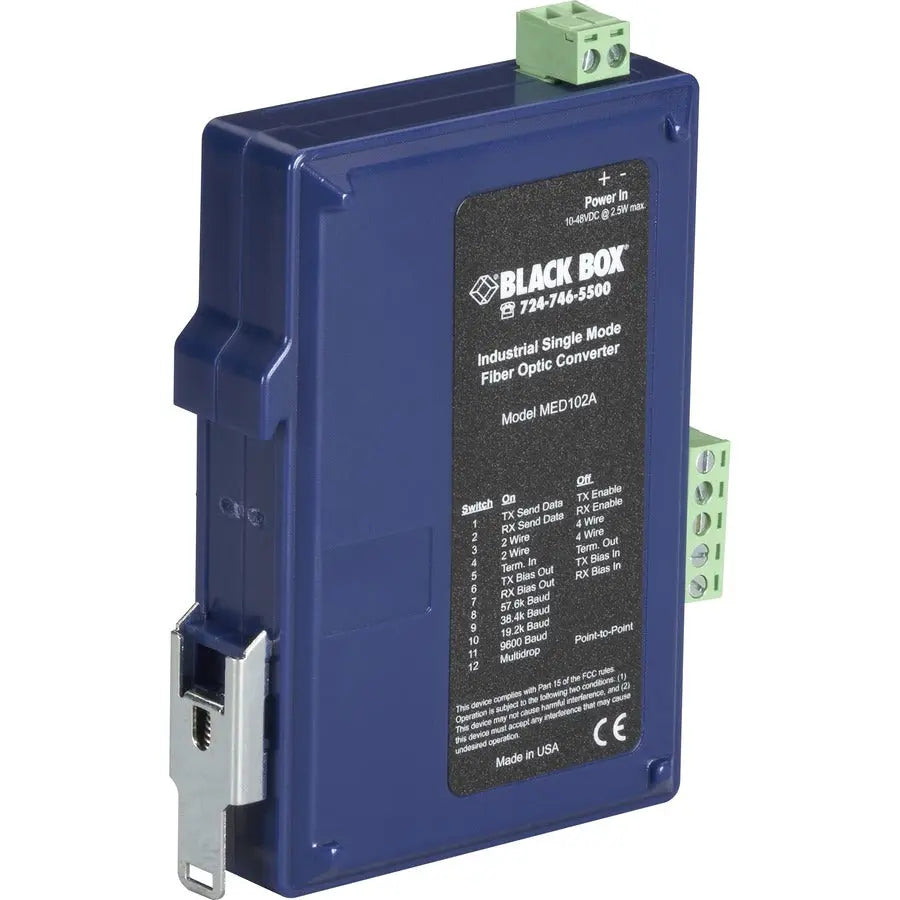 Black Box MED102A Industrial Single-Mode Fiber Optic Transceiver for RS-232/RS-422/RS-485 Communication
