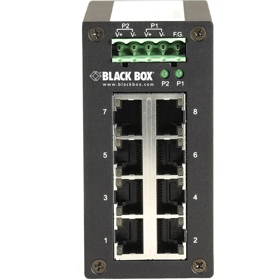 Black Box HRD Switch - 8-Port Industrial Gigabit Ethernet Switch with DIN Rail Mount and Wide Temperature Range
