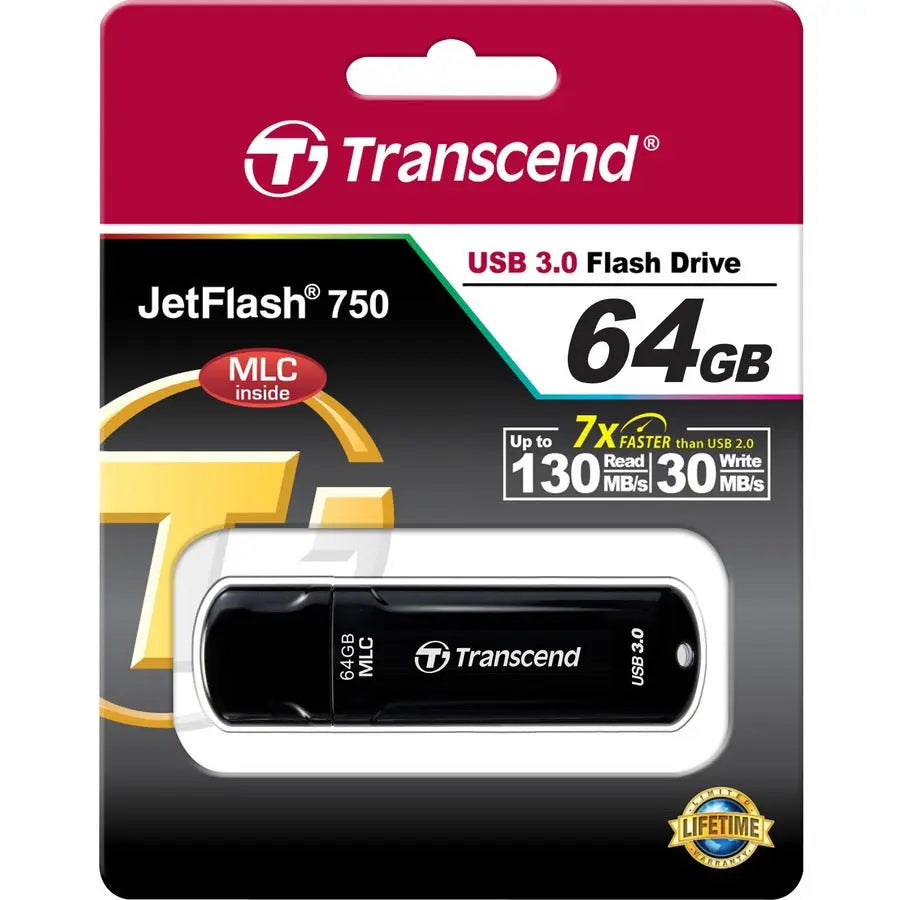 Transcend 64GB JetFlash 750 USB 3.0 Flash Drive - Sleek Black Portable Storage