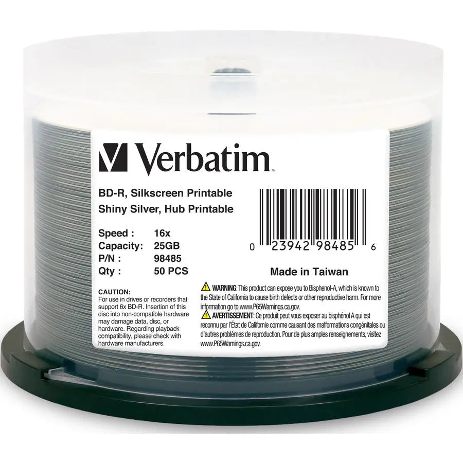 Verbatim America LLC 16x 25GB Shiny Silver Silk Screen Printable Blu-ray Disc - 50 Pack