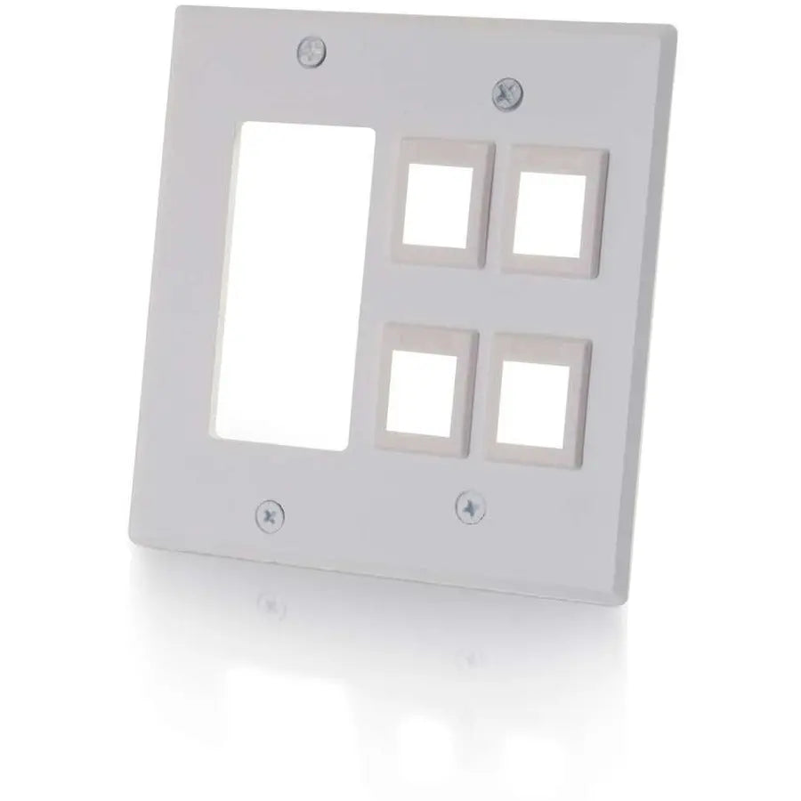 C2G 41341 White Double Gang Wall Plate with Four Keystone Cutouts for Versatile Data and Voice Connections