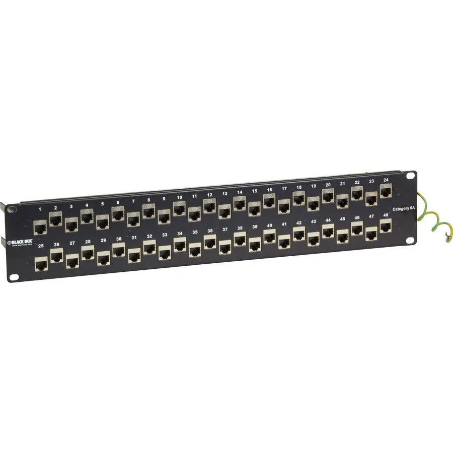 Black Box CAT6A Staggered Feed-Through Patch Panel - 48-Port, Shielded, 2U Rack-Mountable