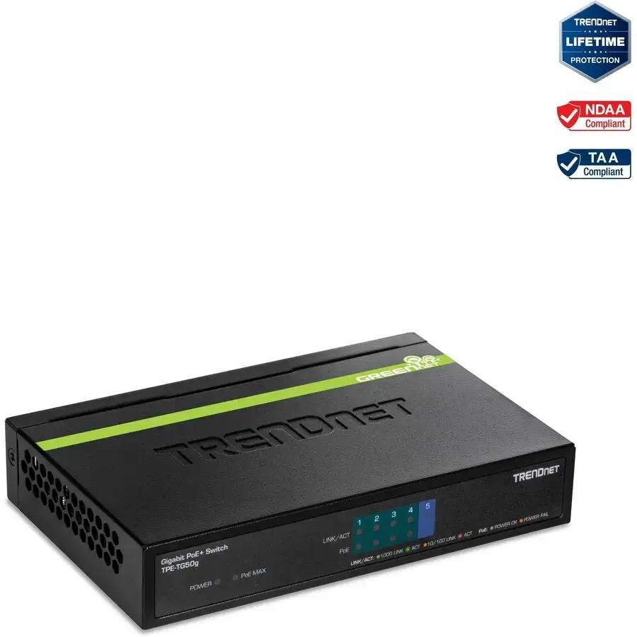TRENDnet TPE-TG50g 5-Port Gigabit PoE+ Switch with 31W Power Budget and 10Gbps Capacity by TRENDnet