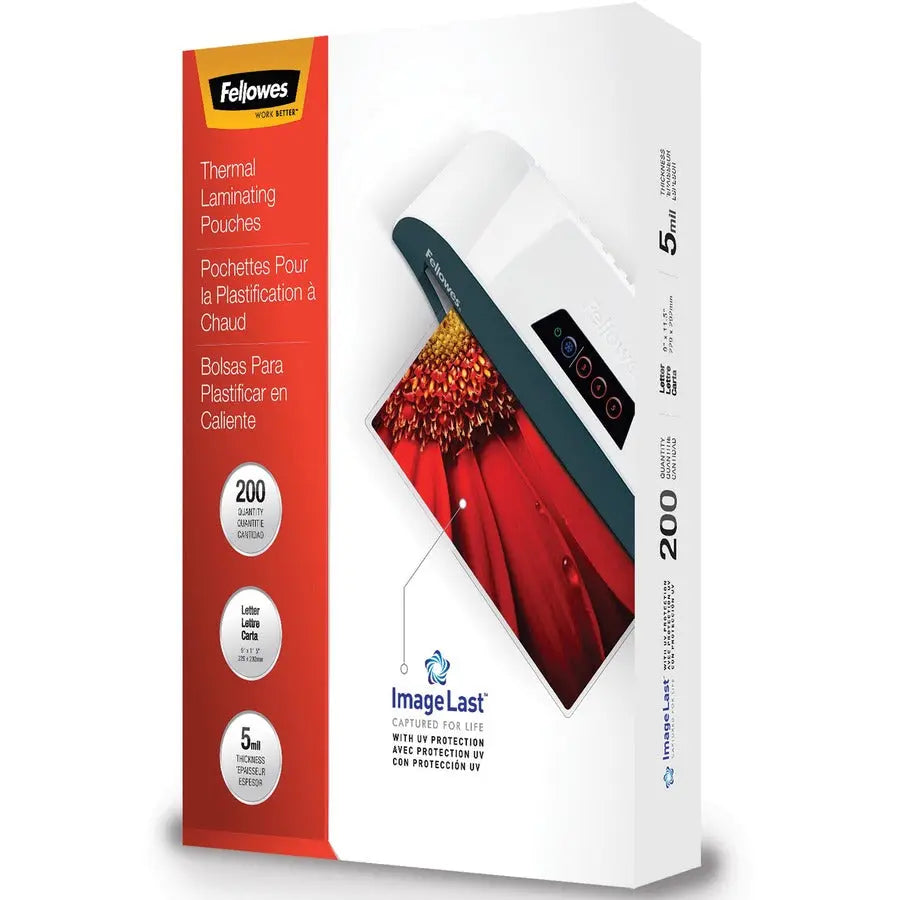 Fellowes ImageLast Jam-Free Thermal Laminating Pouches – 5 Mil Clear, UV Protection, Bulk Pack of 200