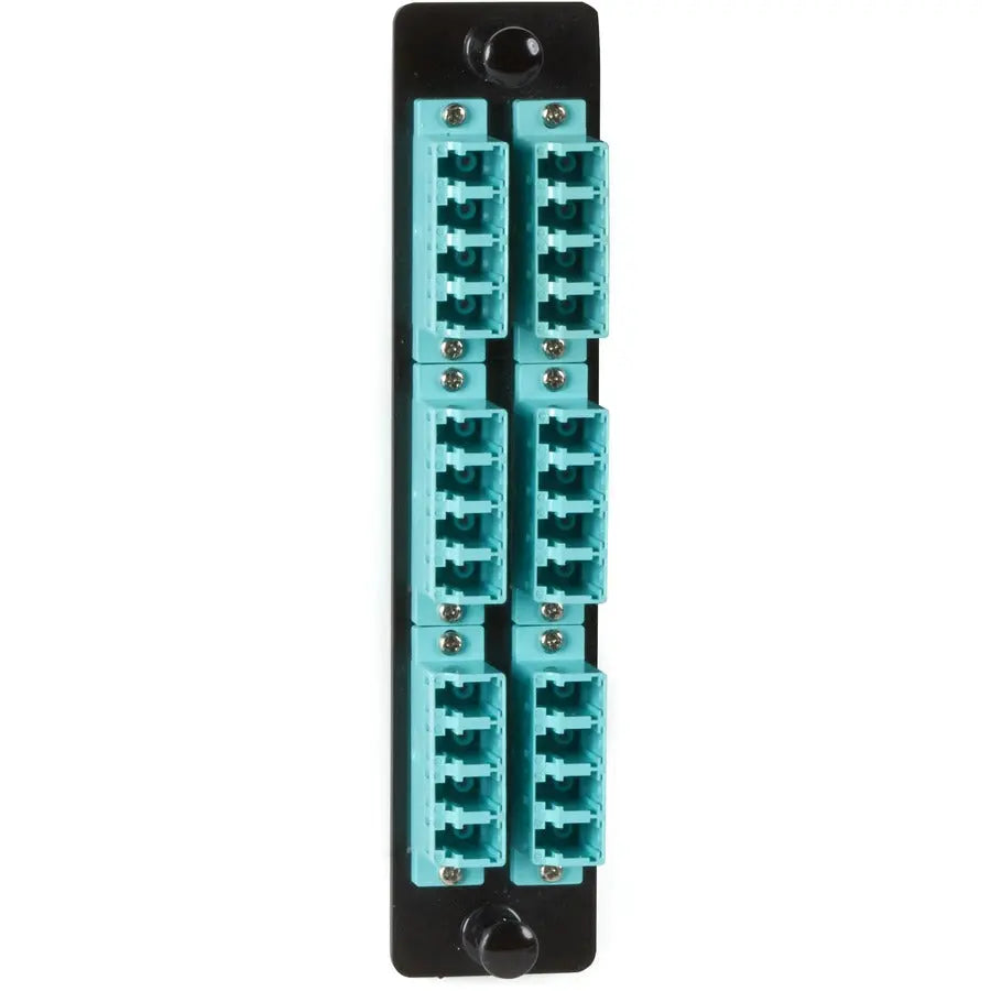 Black Box JPM468C High-Density Fiber Adapter Panel with Ceramic Sleeves, 12 LC Duplex Pairs, Aqua