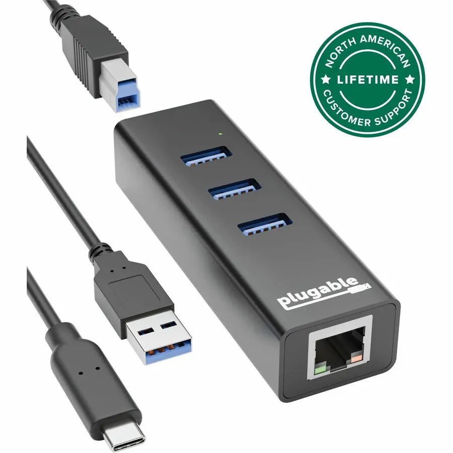 Plugable USB3-HUB3ME 3-Port USB 3.0 Hub with Gigabit Ethernet Adapter for Windows, macOS, Linux, and ChromeOS