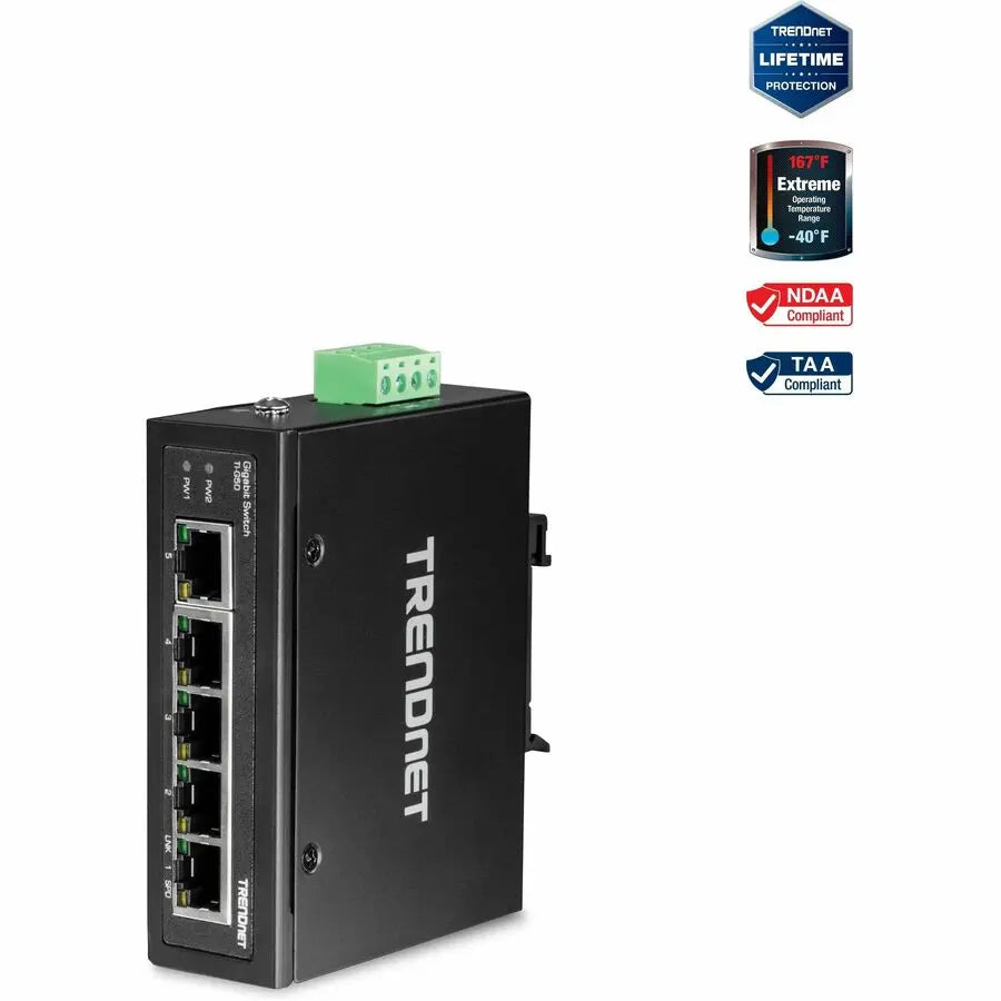TRENDnet 5-Port Hardened Industrial Gigabit DIN-Rail Switch, TI-G50, 10 Gbps, IP50 Rated, Ethernet Splitter, NDAA & TAA Compliant, DIN-Rail and Wall Mounts Included, Lifetime Protection, Black
