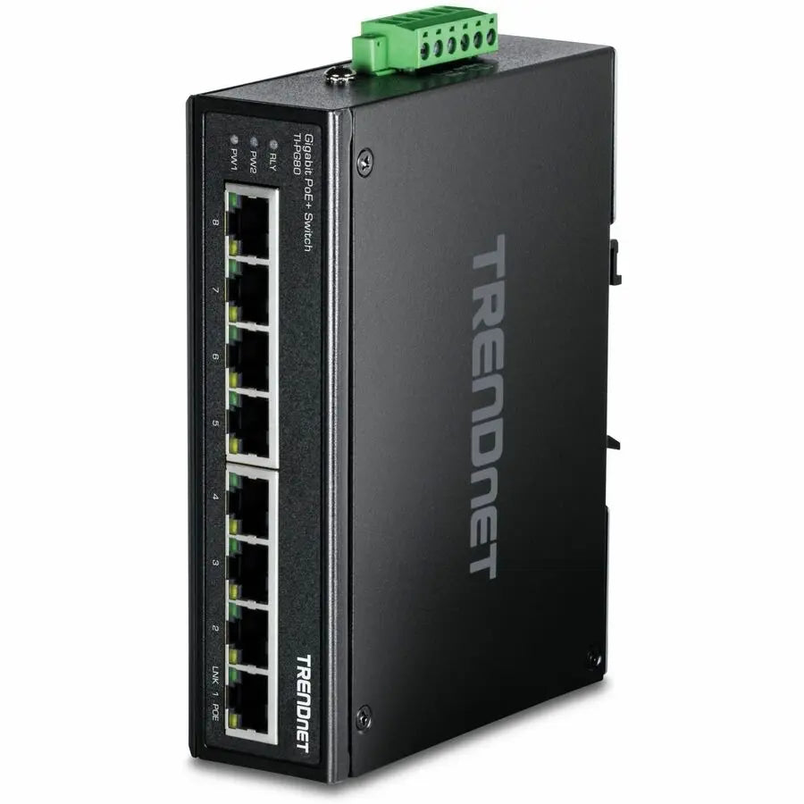 TRENDnet 8-Port Industrial Gigabit PoE+ DIN-Rail Switch, TI-PG80, 8 x Gigabit PoE+ Ports, 200W PoE Power Budget, 16Gbps Switching Capacity, NDAA TAA Compliant, Lifetime Protection