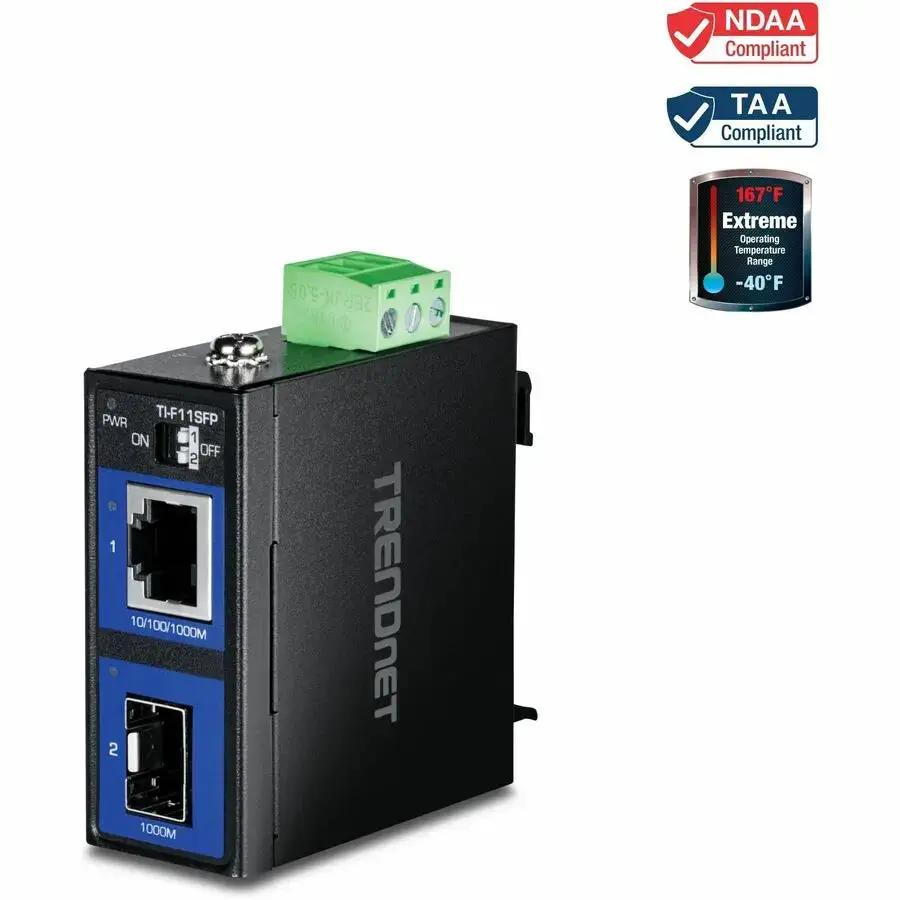 TRENDnet Industrial 100/1000Base-T to SFP Media Converter, Model TI-F11SFP, IP50 Rated, TAA/NDAA Compliant by TRENDnet