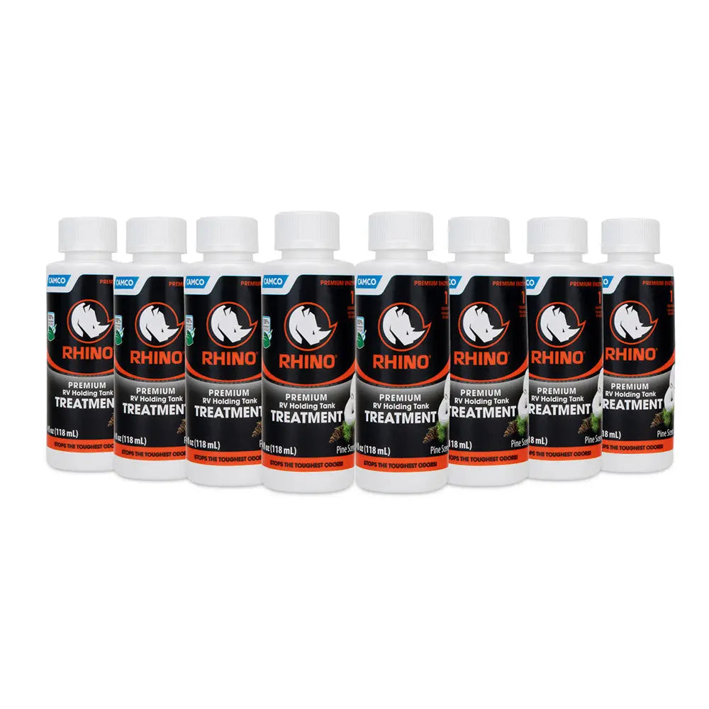 Camco Rhino Premium RV Holding Tank Treatment - 8 Single 4oz Bottles for Odor Control and Waste Digestion