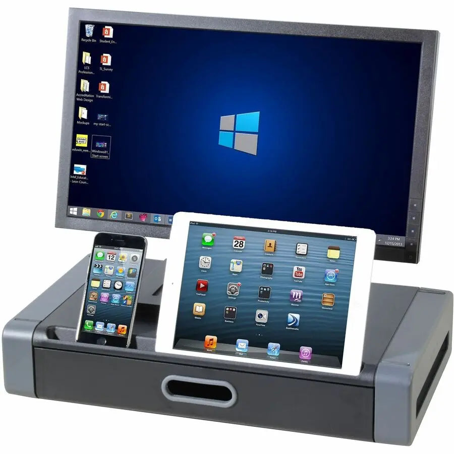 Kantek MS760 Monitor Riser with Drawer and Smartphone Slot – Adjustable Office Desk Organizer in Gray