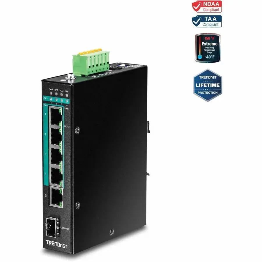 TRENDnet TI-PG541i 6-Port Hardened Industrial Gigabit PoE+ Layer 2 Managed DIN-Rail Switch by TRENDnet