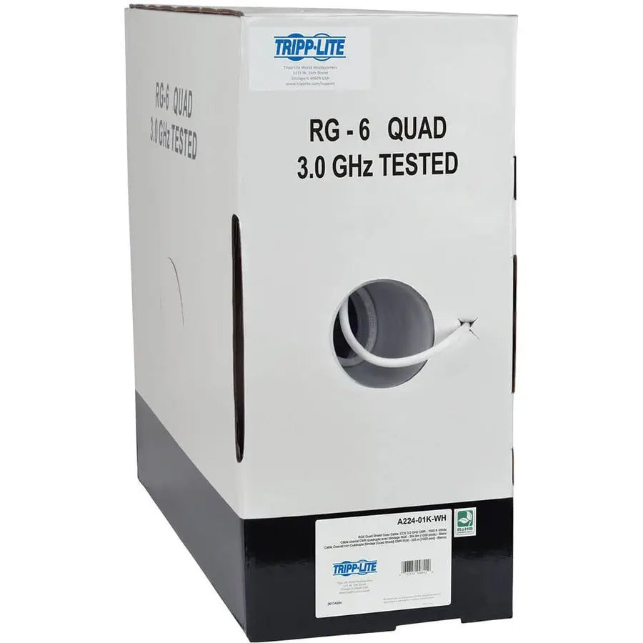Eaton Tripp Lite Series RG6/U Quad-Shield CMR-Rated Coaxial Cable, White, 1000 ft